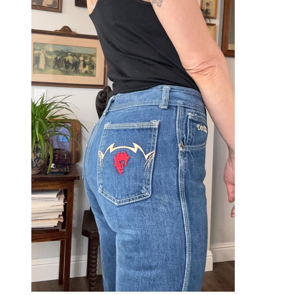 Vintage 80s Devils Medium Wash Blue Denim Jeans Straight Leg Embroidered devils